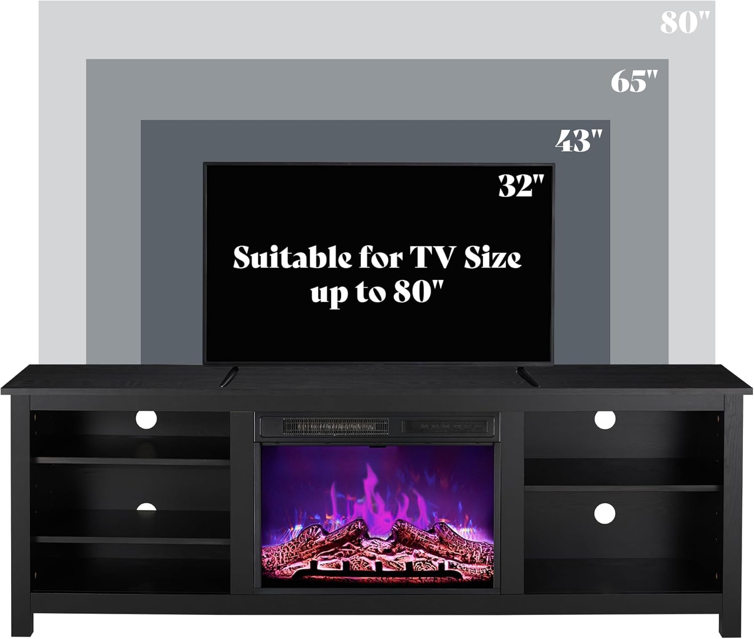 AMERLIFE Fireplace TV Stand, Wood Texture Entertainment Center with 23'' Electric Fireplace, Farmhouse Entertainment Stand Media TV Console for TVs Up to 80'', 70 inches, Black