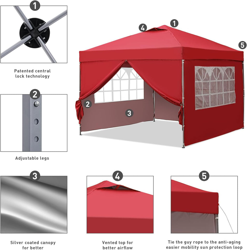 GDY 10x10ft Pop Up Canopy Tent with Sidewalls, Outdoor Canopy Tent, Beach Tent, Easy Set up Gazebo for Events, Parties, Camping, Red.