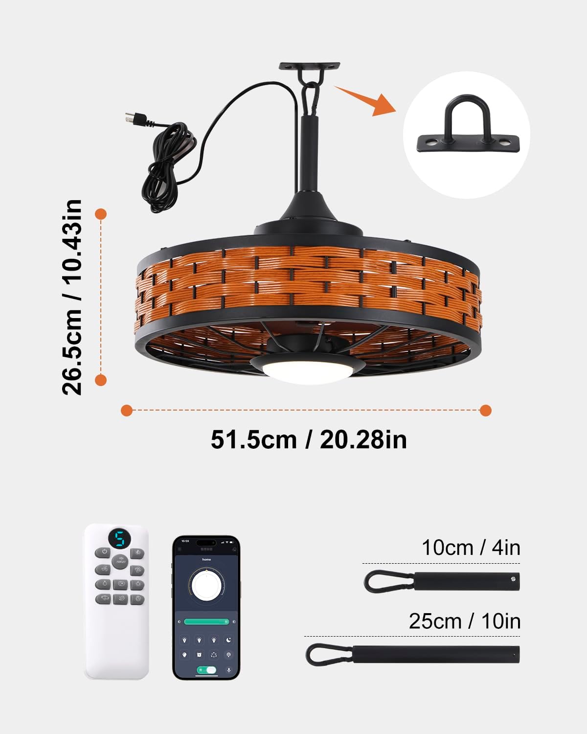 Outdoor Ceiling Fans with Light for Patios, 20' Weatherproof Gazebo Fan with Hanging Hook, Remote Control & APP, 6 Speeds, 3CCT, Caged Plug in Ceiling Fan for Patio