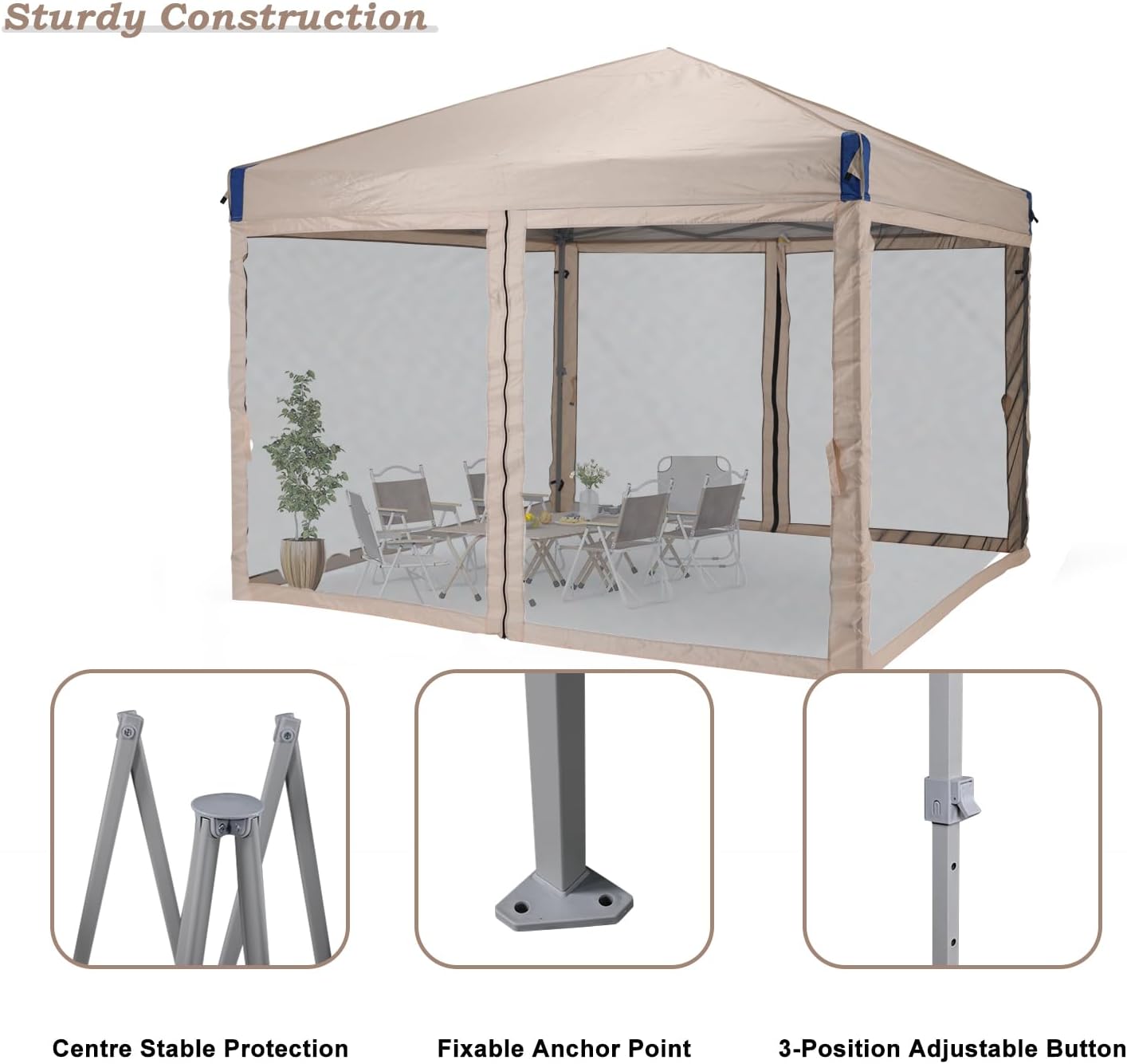 Aoodor 10x10 Ft Pop Up Canopy Tent with Netting, Water-Resistant 210D Oxford Fabric Shade, Easy Assembly Commercial Gazebo with Wheeled Carry Bag & 4 Sand Bags for Camping, Party, Khaki