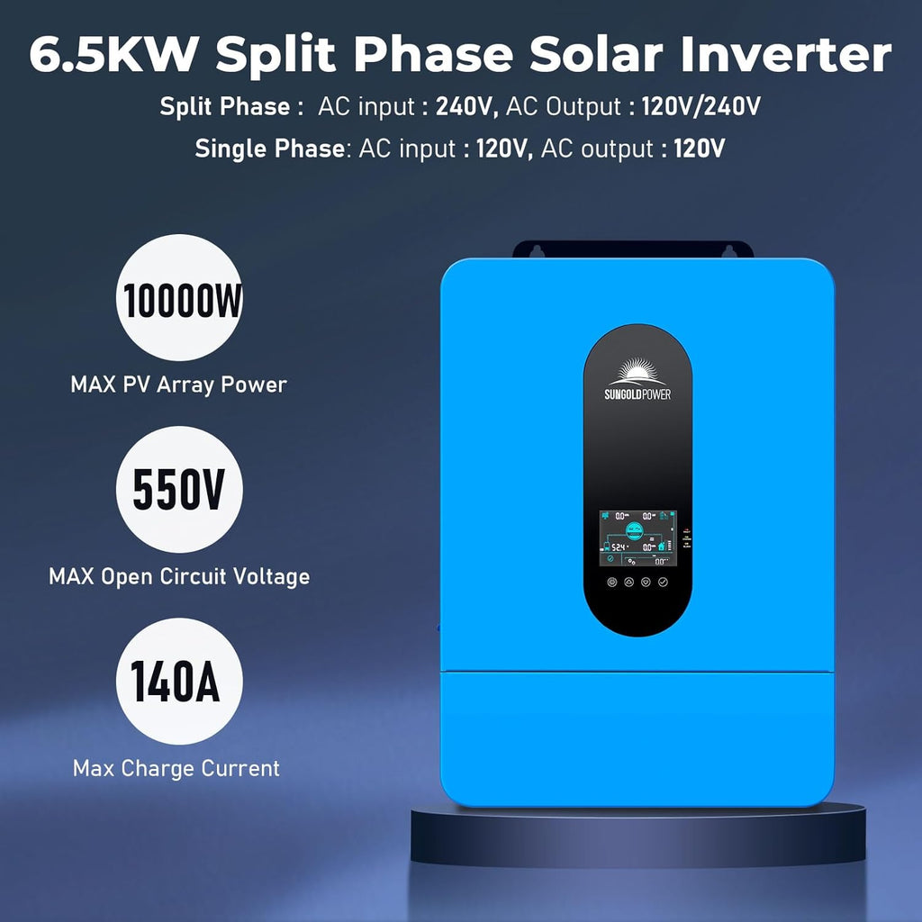 SUNGOLDPOWER UL1741 SPH6548P 6500W DC 48V Split Phase Solar Inverter,120V/240V AC Input/Output (settable),Built-in 2 MPPT Solar Controllers,Max. 140A Battery Charging,Inverter Charger Support Parallel