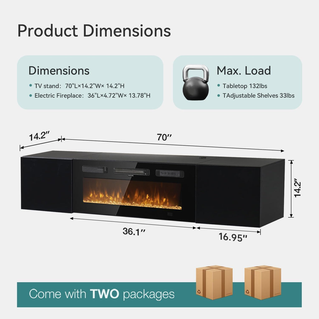 70'' Floating TV Stand with 36' Electric Fireplace, Wall Mounted Entertainment Center with Storage for TVs up to 80', Adjustable 12-Color LED Media TV Console for Living Room,All Black