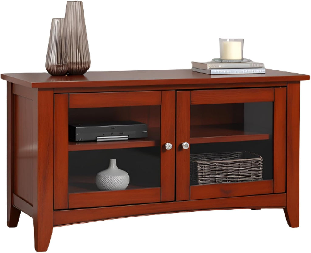 Shaker Cottage 36-Inch TV Stand Cabinet – Glass Door Media Console with Adjustable Shelves, Beadboard Accent, and Storage Organizer for Living Room, Bedroom, or Office by Alaterre Furniture (Cherry)