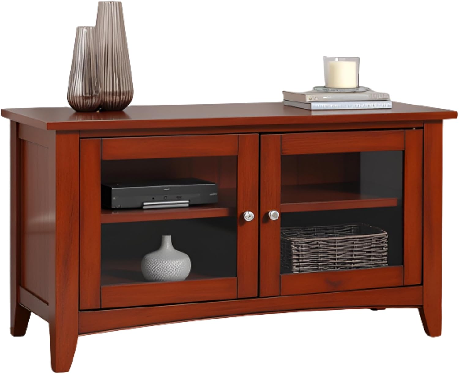 Shaker Cottage 36-Inch TV Stand Cabinet – Glass Door Media Console with Adjustable Shelves, Beadboard Accent, and Storage Organizer for Living Room, Bedroom, or Office by Alaterre Furniture (Cherry)
