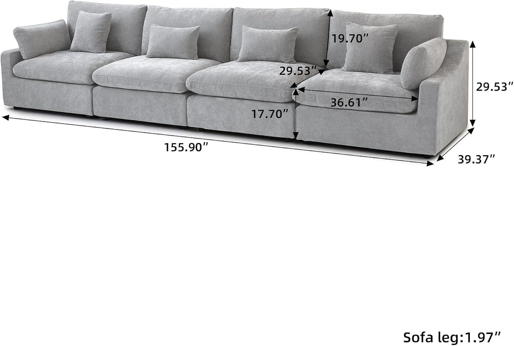 Modular Sectional Sofa Cloud Couch, 155.9' Oversized 4 Seater Sofa Couch with Pillows, Linen Blend Fabric Minimalist Deep Seat Couches for Living Room, Sofa Covers Washable&Removable, Grey