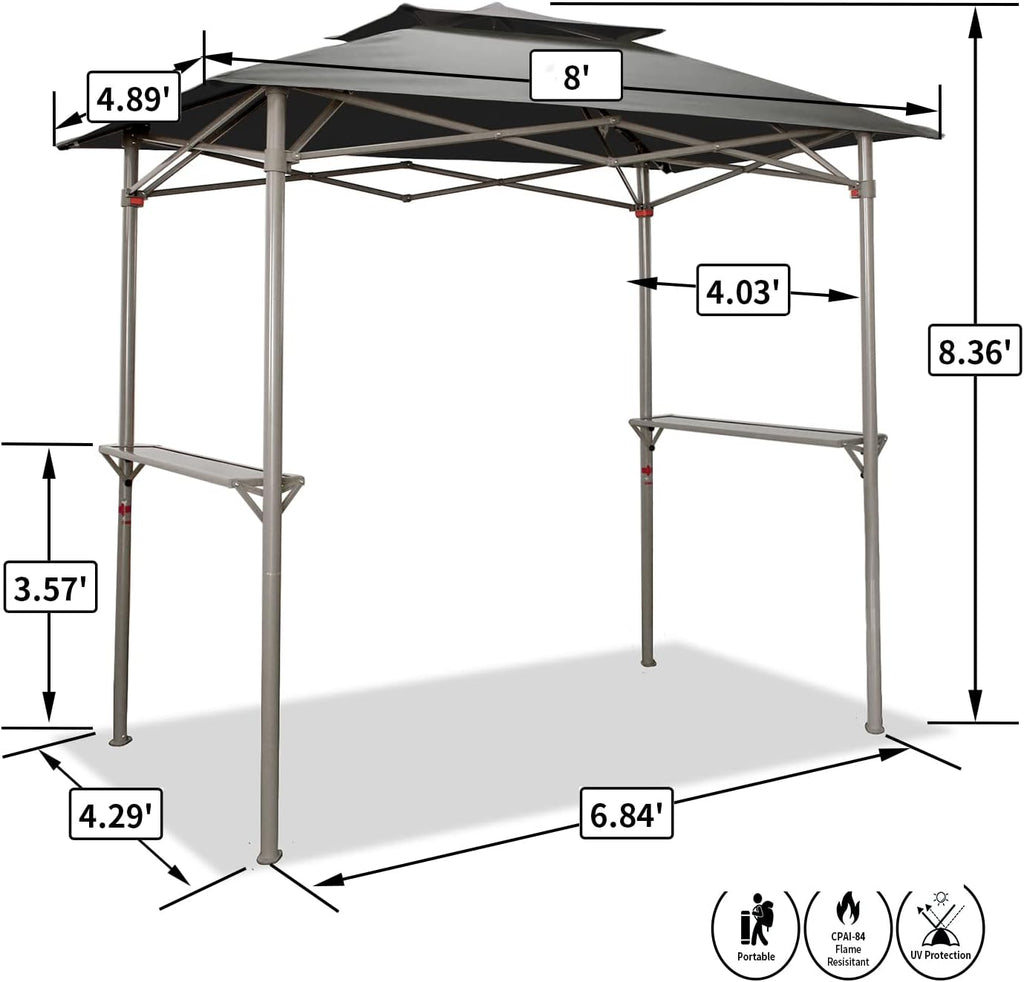 Crown Shades 8x5 Grill Gazebo - Pop Up Canopy for BBQ and Backyard Patio - Easy Outdoor Barbecue Shade Cover with Double Tier Vented Top & 2 Side Shelves (Grey)