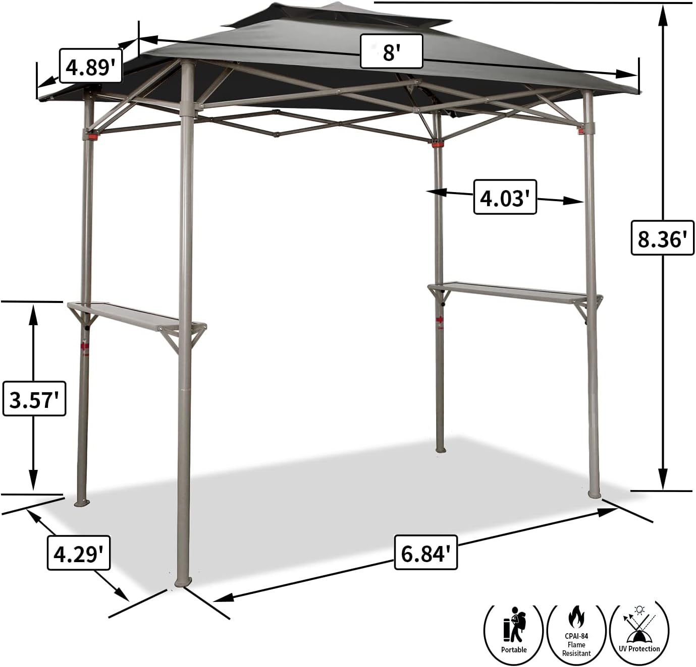 Crown Shades 8x5 Grill Gazebo - Pop Up Canopy for BBQ and Backyard Patio - Easy Outdoor Barbecue Shade Cover with Double Tier Vented Top & 2 Side Shelves (Grey)
