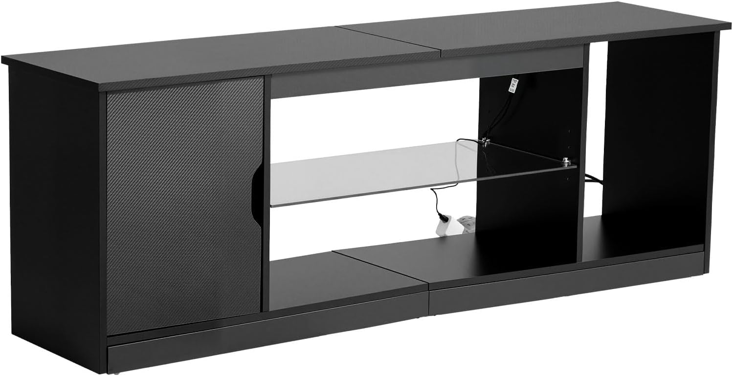 VEVOR Modern TV Stand for 65 inch TVs, LED Entertainment Center with Storage Cabinet for PS5 Xbox Gaming Media Console Table with Adjustable Glass Shelf, Wood TV Cabinet for Living Room Bedroom, Black