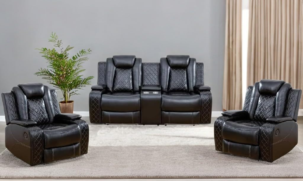 Power Recliner Set with LED Lights, Air Leather Reclining Set with USB Port/Wireless Charger/Storage Console/Cup Holder for House/HomeTheater/Apt (Black, Loveseat+2Chairs)