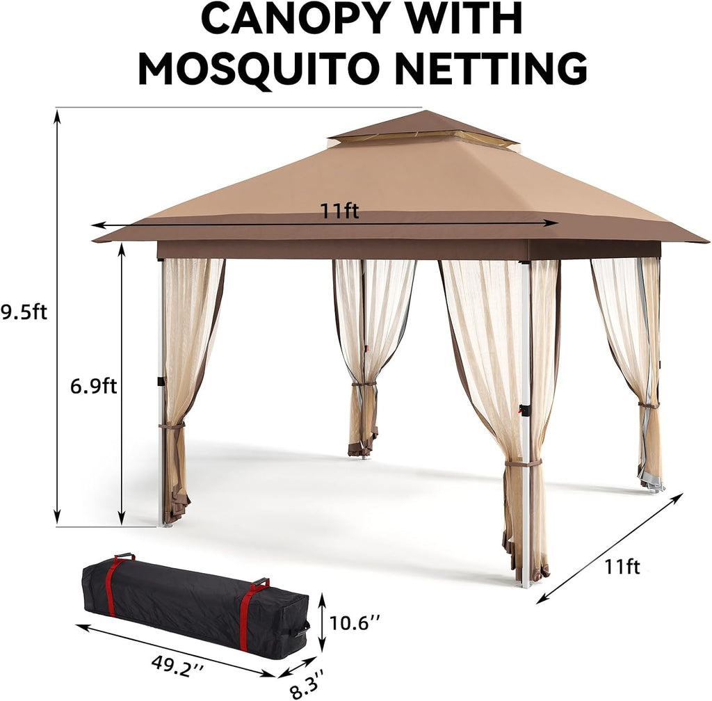 GarveeLife 11 ft x11 ft Gazebo Outdoor Pop up Canopy Tent with Curtains and 121 Square Shelter for Patio,Backyard Party, with Mosquito Netting, 2-Tiered Vented Top, Khaki