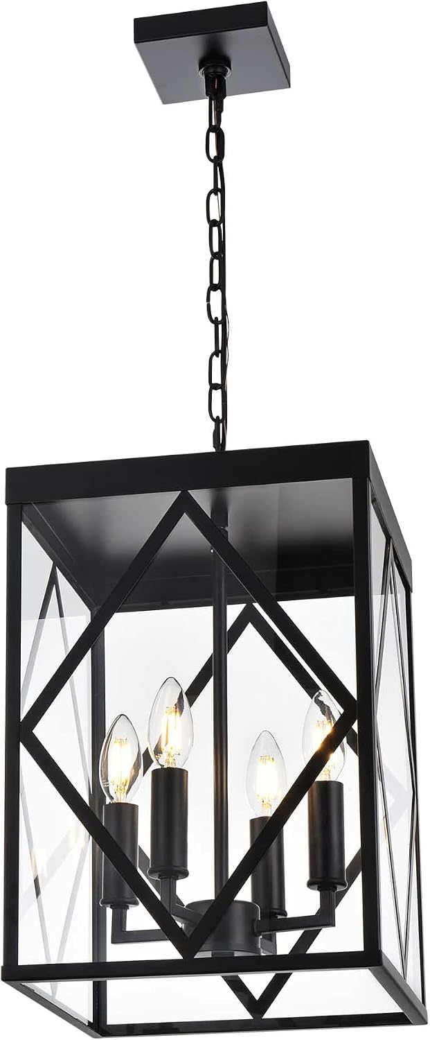 Outdoor Pendant Light 4 Lights Modern Outside Chandelier Outdoor Hanging Lantern Light with Clear Glass, Matte Black Exterior Pendant Lighting Fixture for Porch, Yard, Gazebo
