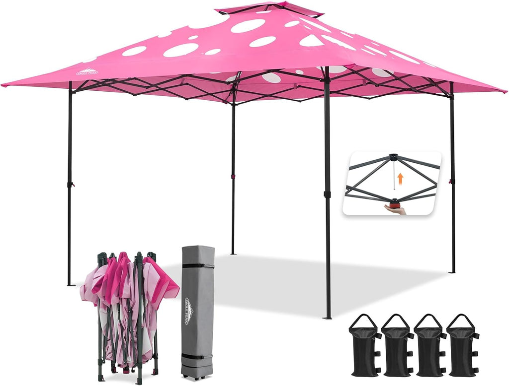 EAGLE PEAK 13x13 Straight Leg Pop Up Canopy Tent Instant Outdoor Canopy Easy Single Person Set up Folding Shelter w/Auto Extending Eaves 169 Square Feet of Shade (Pink Mushroom)