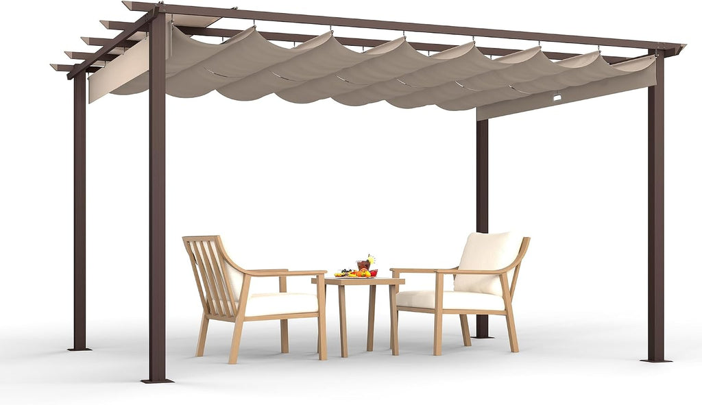 HAPPATIO 10' X 13' Retractable Pergola with Sun Shade Canopy, Patio Aluminum Frame Shelter for Backyards, Gardens, Porch, Includes Ground Studs and Expansion Screws (Brown)