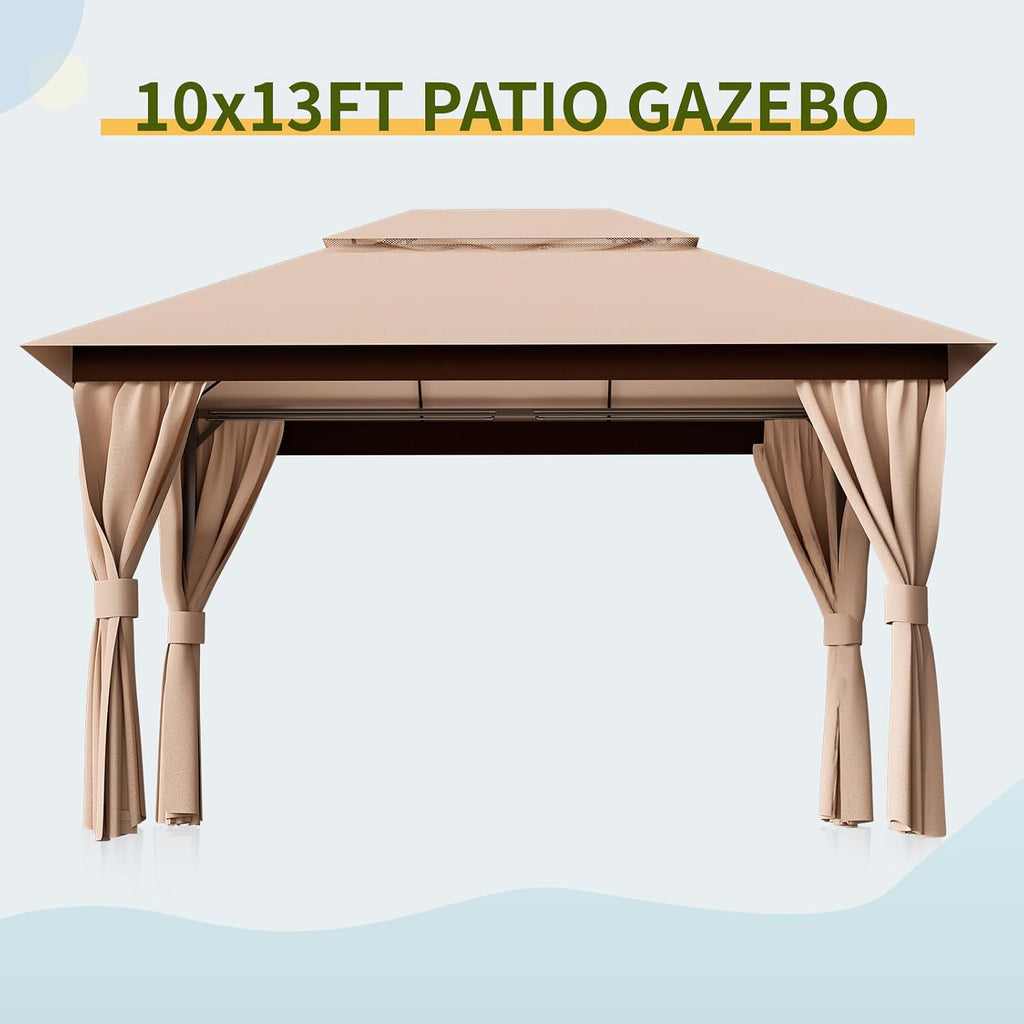 10'X13' Outdoor Patio Gazebo - Double Roofs Party Tent Gazebos with Mosquito Net and Privacy Screens Heavy Duty Steel for Backyard, Garden, Deck - Khaki