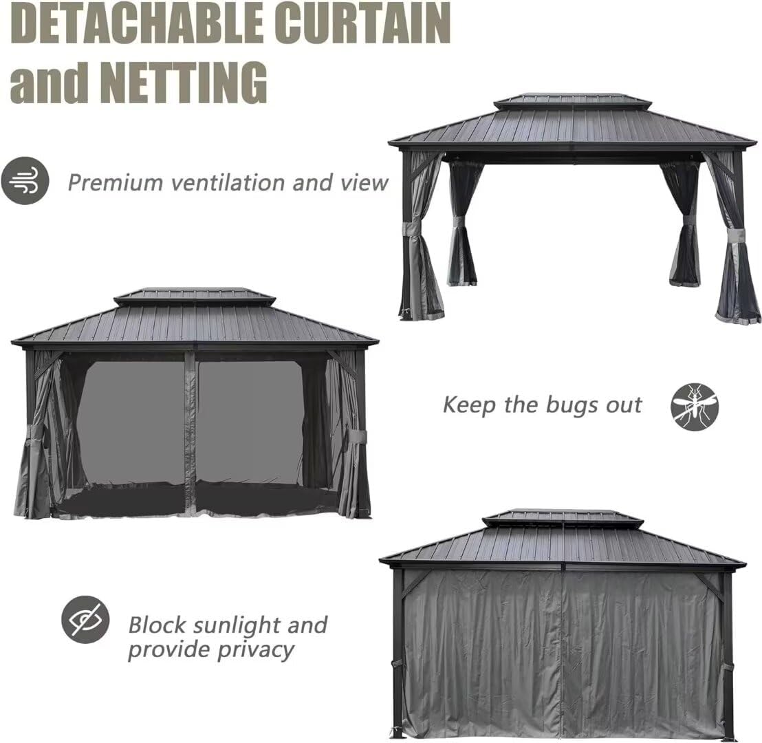 Domi 10x12FT Outdoor Gazebo, Patio Gazebo with Galvanized Steel, Hardtop Gazbo for Patio, Deck, Backyard, Curtain and Netting Included