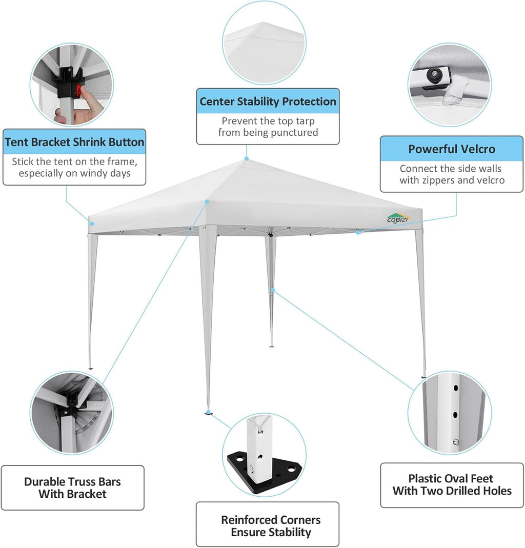 COBIZI 10x10 Pop Up Canopy Tent with 4 Sidewalls Party Tents for Parties Weddings Backyard Waterproof Commercial Instant Outdoor Events Tent with Stakes, Ropes（10 x 10 ft White