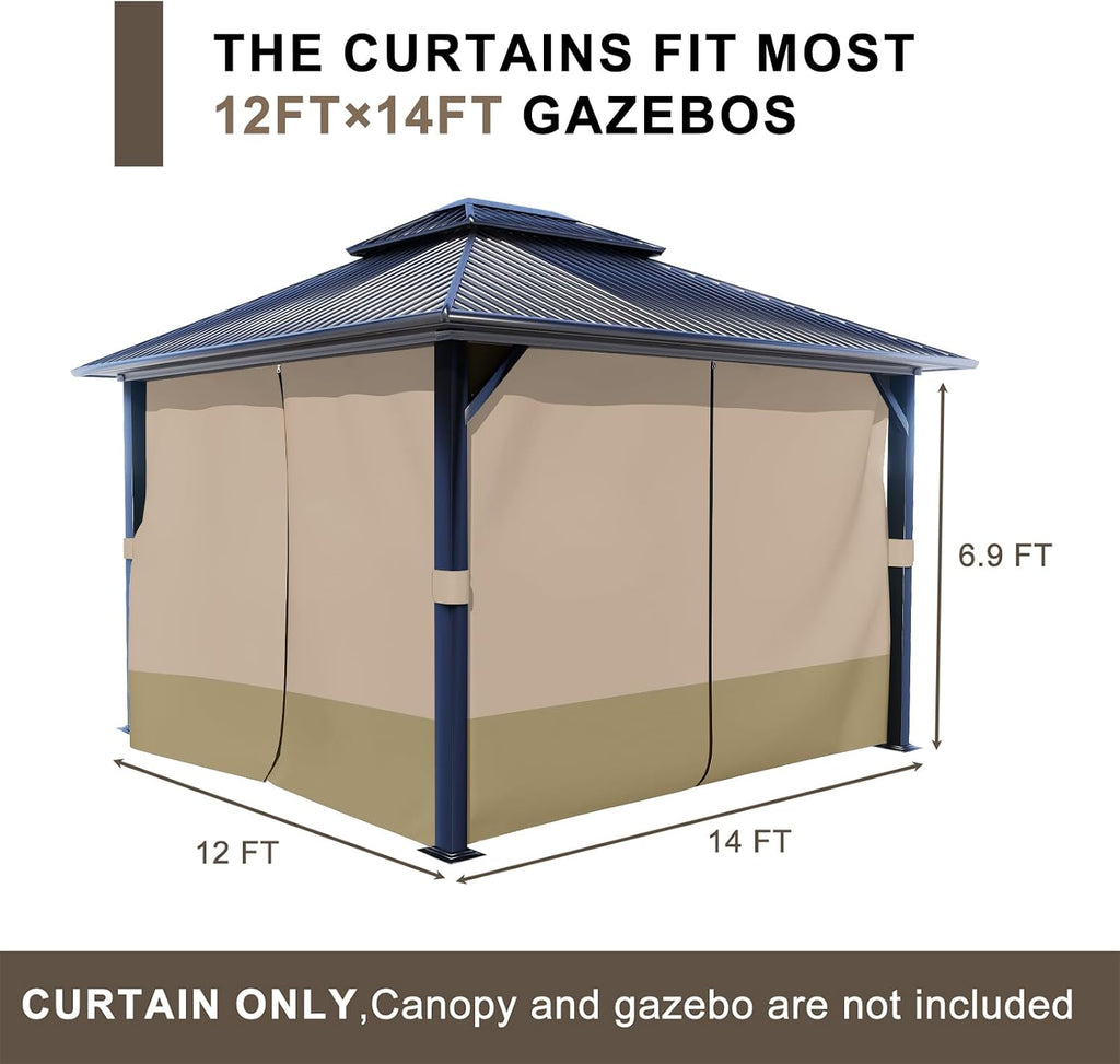 BPS 12' x 14' Gazebo Privacy Curtains with Double Zipper, 4-Panels Side Wall Universal Gazebo Side Panels Replacement for Patio, Outdoor Canopy, Garden and Backyard (Curtain Only)