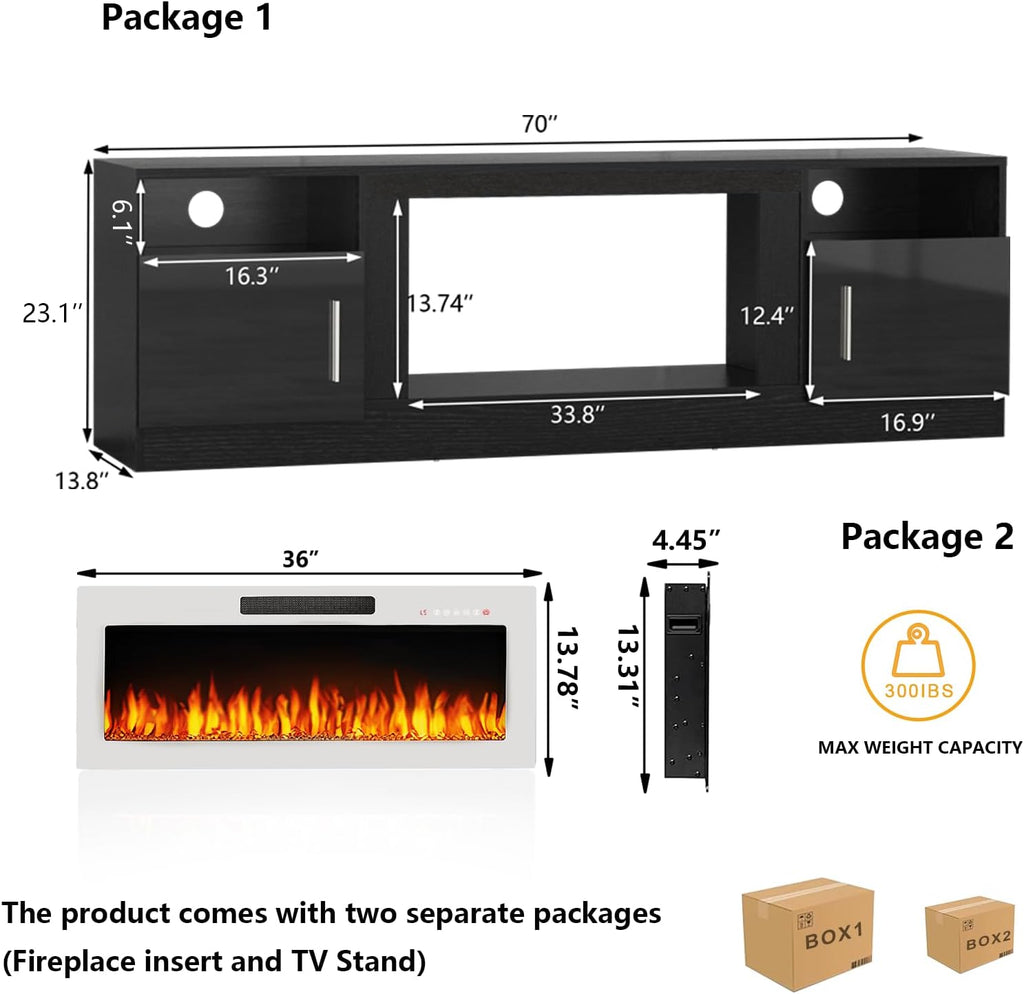 TAVATA 70' Fireplace TV Stand, Modern LED Light Entertainment Center with Storage and 36' Fireplace, Media TV Console for TVs Up to 80', Fire Place TV Stands for Living Room, Black+White
