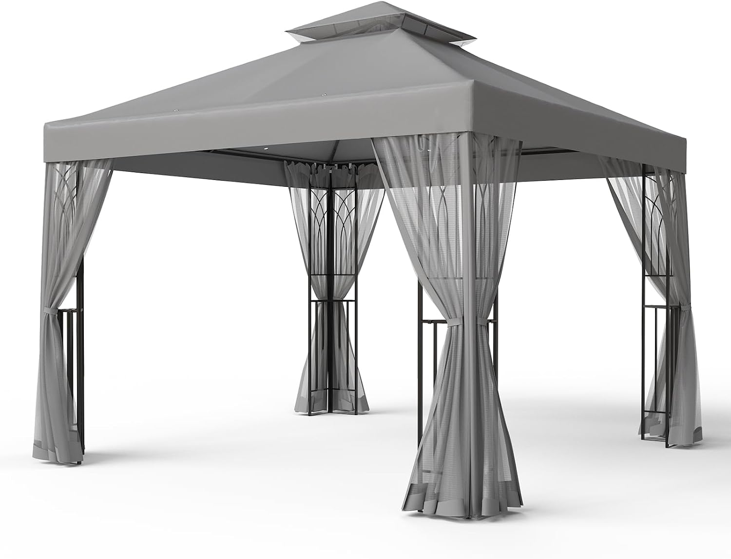 EAGLE PEAK 10x10 Patio Gazebo with Mesh Netting, Double Roof Outdoor Pavilion with Corner Shelves for Lawn, Deck, Garden and Backyard, Gray