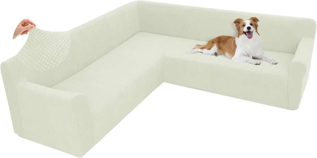 Arfntevss Stretch Sectional Couch Covers L Shaped Corner Sectional Sofa Cover Washable Jacquard Soft Fleece U Shape Sofa Slipcovers Anti Slip Furniture Protector for Dogs Pets (Small, Cream)
