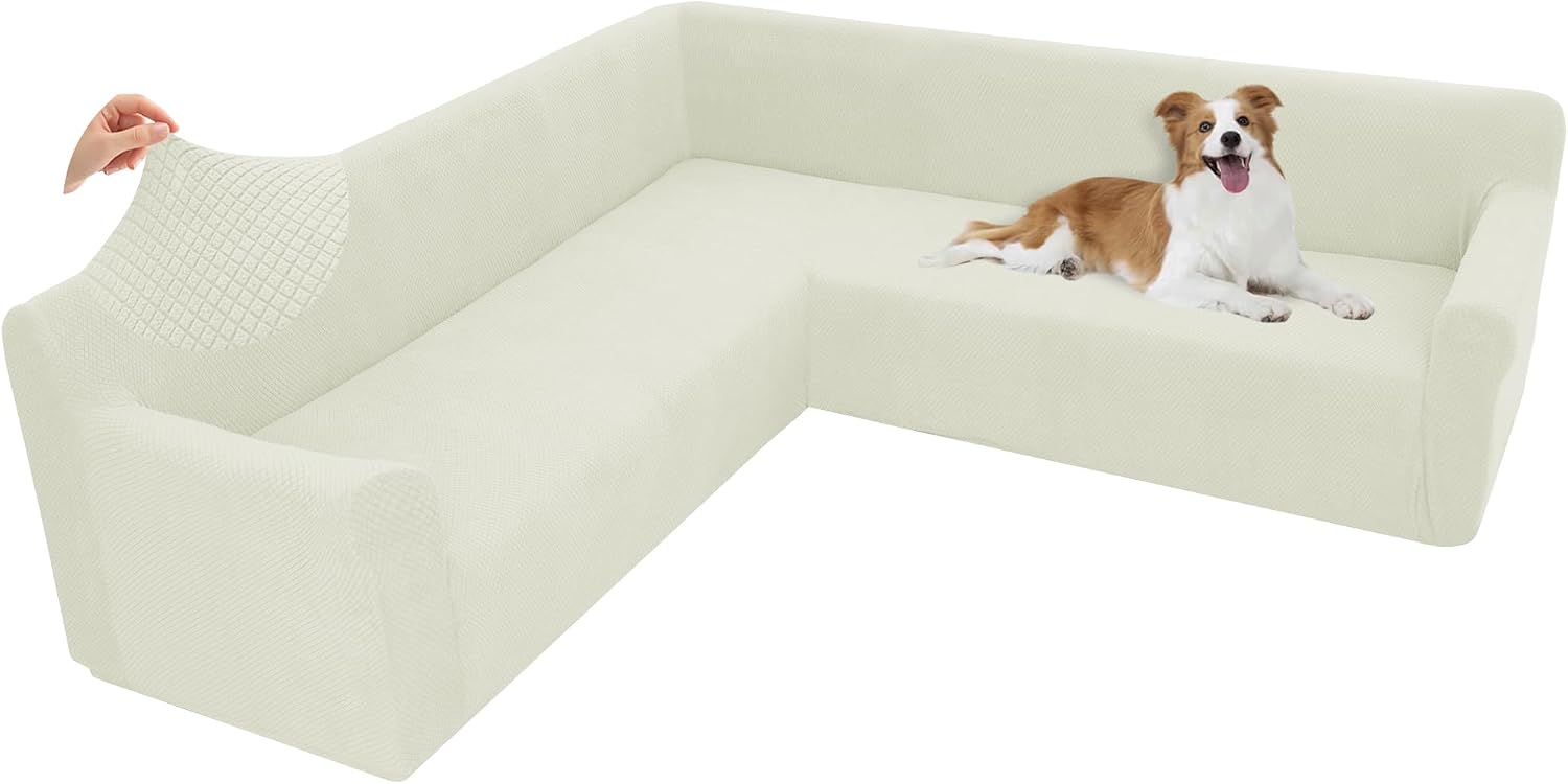 Arfntevss Stretch Sectional Couch Covers L Shaped Corner Sectional Sofa Cover Washable Jacquard Soft Fleece U Shape Sofa Slipcovers Anti Slip Furniture Protector for Dogs Pets (X-Large, Cream)