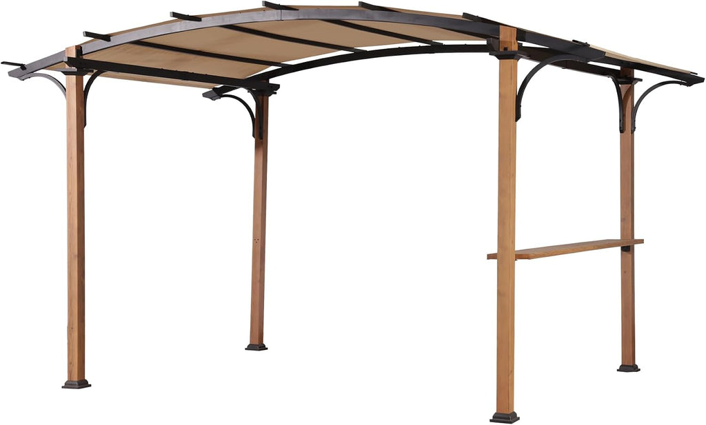 8.5' x 13' Outdoor Pergola, Metal Gazebo with Arched Top Canopy, Shelves, Bar Top, Natural Wood Looking Frame Pergola for Backyard, Garden, Patio.Beige