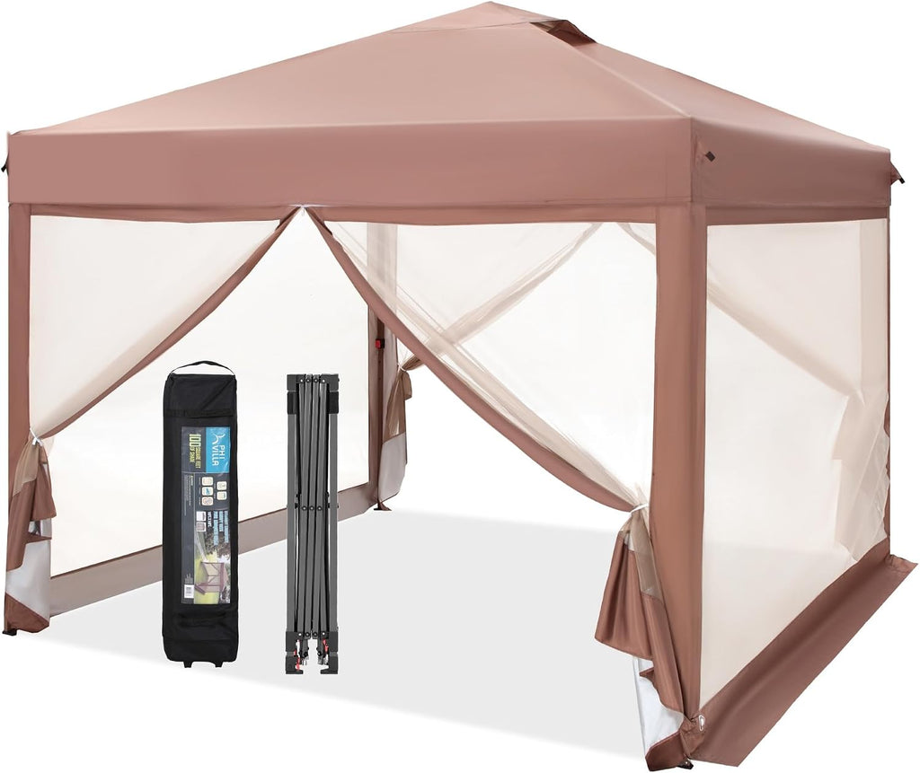 PHI VILLA 10 x 10 Pop Up Canopy Tent with Netting, Instant Gazebo, Ez up Screen House Room with Carry Bag, Height Adjustable, for Outdoor, Garden, Patio,Brown