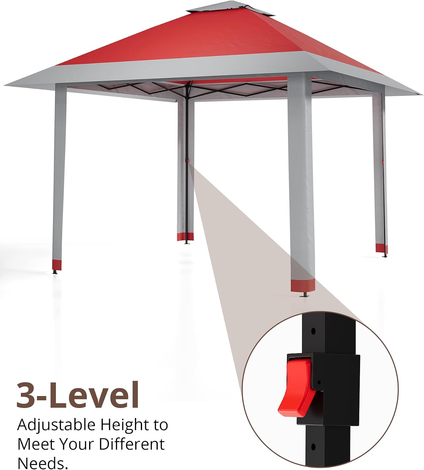 13x13 Pop Up Gazebo, Outdoor Canopy Tent with Double Roof and Mesh Netting, Gazebo Tent with Large Space and Adjustable Height for Backyard, Garden, Patio, Lawn, Red + Light Gray