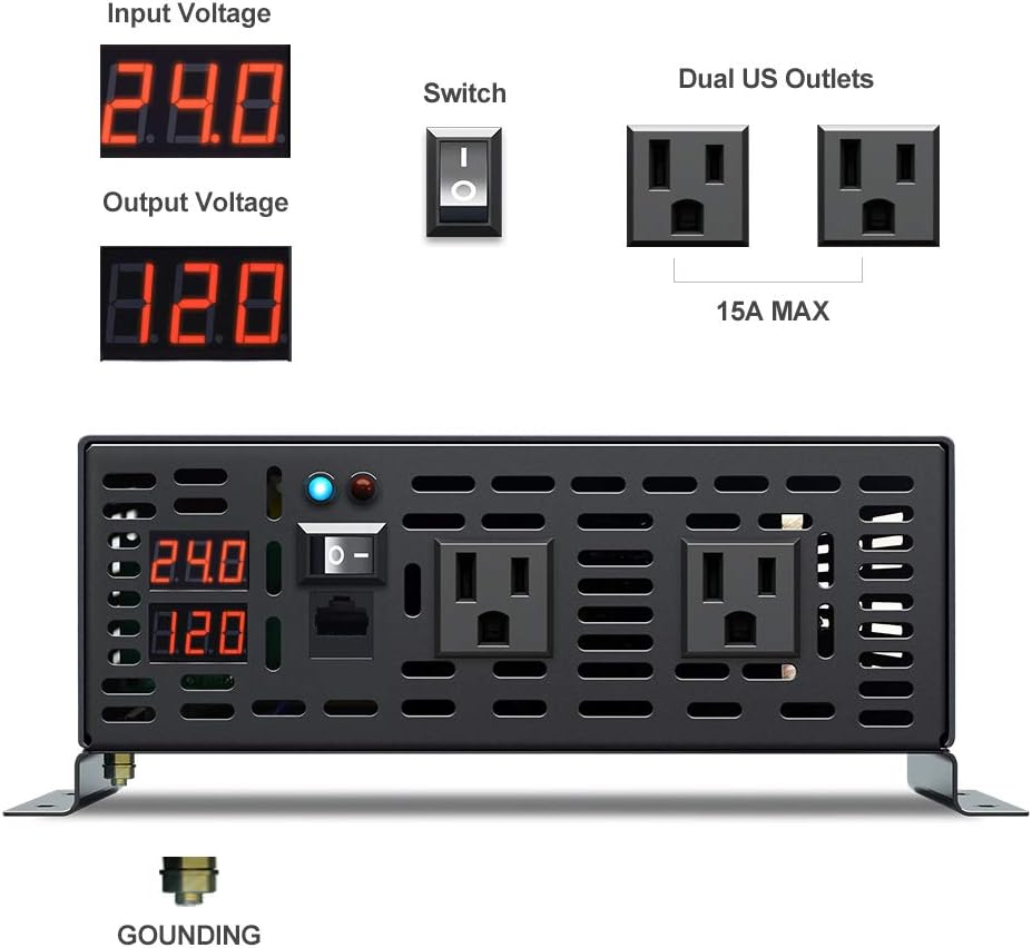 WZRELB 1000W 24VDC 120VAC Pure Sine Wave Power Inverter with 2 AC Outlets Wired Remote Control Car Inverter (RBP-100024WR)