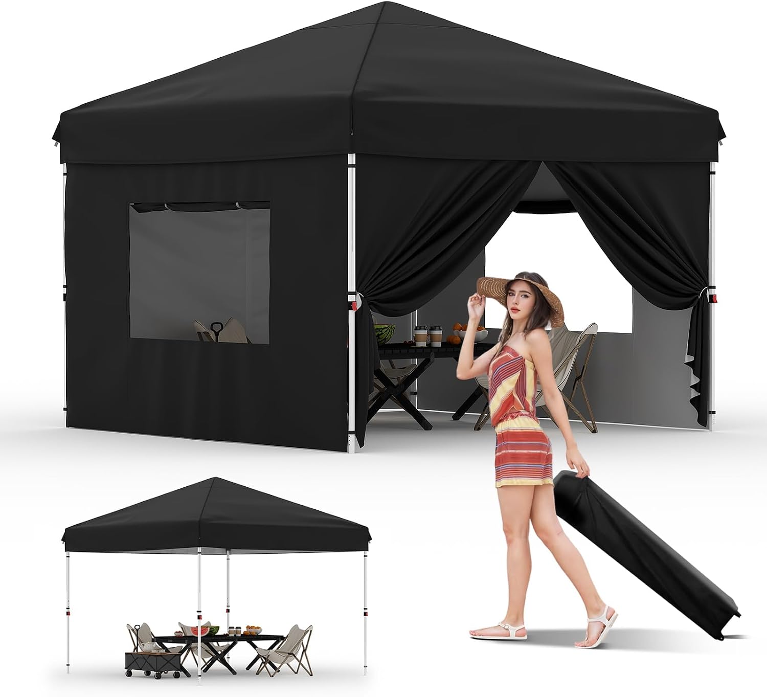 10'X10' Pop Up Canopy Tent with 4 Sidewalls, Beach Tent with One Push Setup, Outdoor Sun Shade for Parties, Camping, UPF 50+ All Weather Waterproof, with Weight Bags & Wheeled Carry Bag