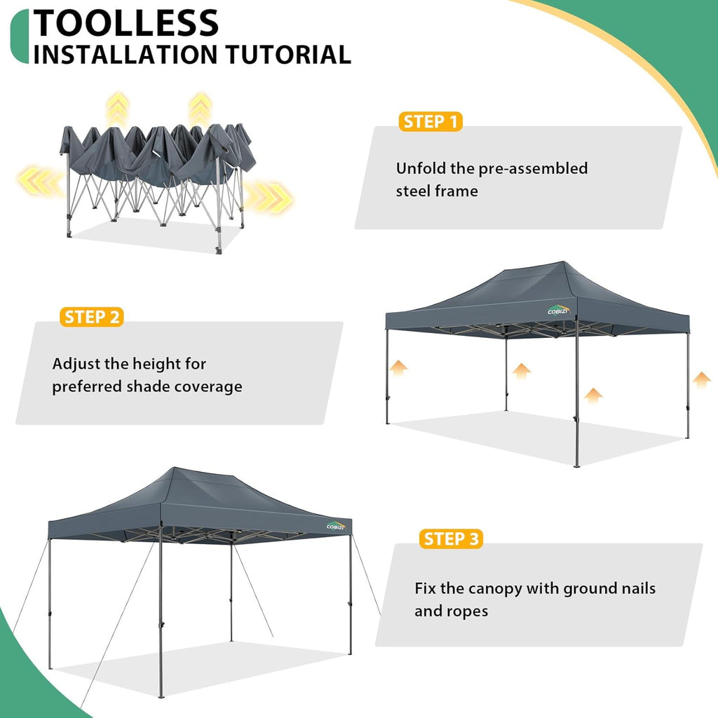 COBIZI 10x15 Heavy Duty Pop Up Canopy Tent with 4 Sidewalls Thicken Frame, Commercial Easy Up Outdoor Wedding Party Tents, All Season Waterproof Windproof with Stakes Sandbags Ropes Bag, Gray