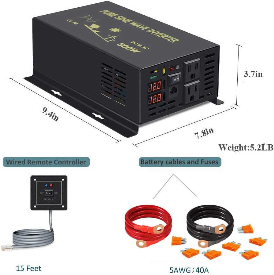 WZRELB 500W 12V 120V Pure Sine Wave Power Inverter with 2 AC Outlets Wired Remote Control (RBP-50012WR)