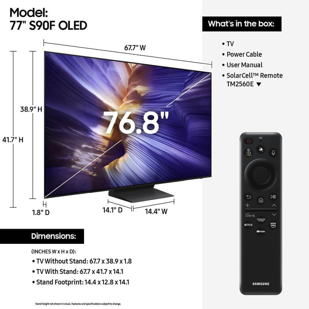 Samsung OLED S90F 4K Smart TV Bundle – Ultra Thin Design, HDR+, 144Hz Gaming, Alexa Built-in, AI Upscaling w/AUX HDMI Cable, 2-Year Protection, Streaming Apps (65, Inches)