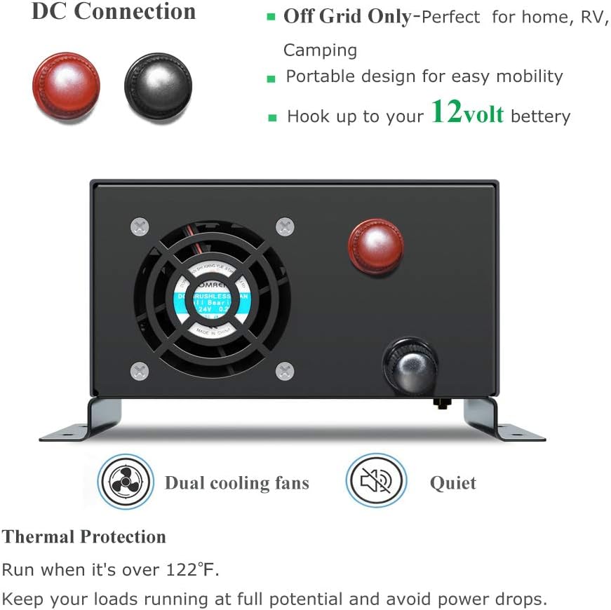 WZRELB 500W 12V 120V Pure Sine Wave Power Inverter with 2 AC Outlets Wired Remote Control (RBP-50012WR)