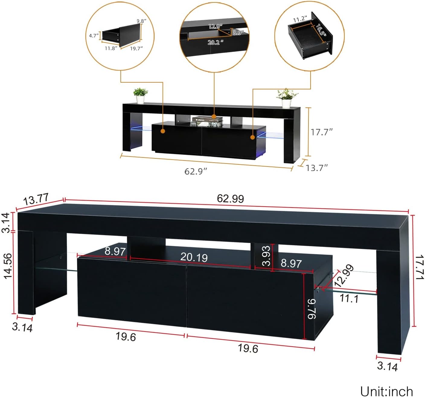 Black TV Stand, 60 65 70 75 inch Wood TV Stand, High Glossy Entertainment Center with Large Drawers＆Glass Display Shelf, LED Modern Media Gaming Cabinet TV Console for Livingroom, Bedroom