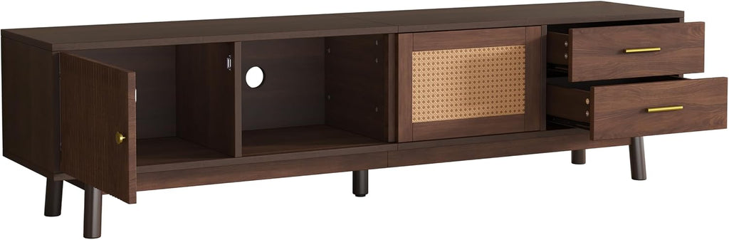 Merax 70' TV Stand with Storage for 65-75 inch TV, Fluted Wood Entertainment Center with Sliding Rattan Doors and Drawers for Living Room, Mid Century Modern Media Console
