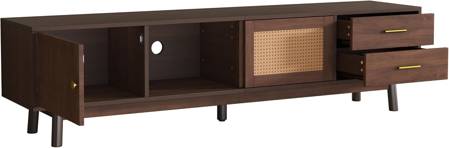 Merax 70' TV Stand with Storage for 65-75 inch TV, Fluted Wood Entertainment Center with Sliding Rattan Doors and Drawers for Living Room, Mid Century Modern Media Console