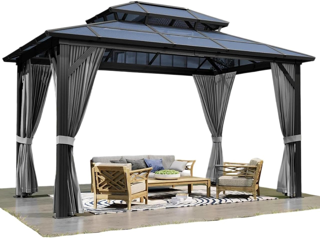 TROPOW 10×12 FT Hardtop Gazebo with Polycarbonate Double Roof, Gray Aluminum Frame Outdoor Patio Gazebo with 2 Track Curtains & Netting, Water-Drainage, UV Protection, Permanent Backyard Canopy