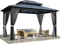 TROPOW 10×12 FT Hardtop Gazebo with Polycarbonate Double Roof, Gray Aluminum Frame Outdoor Patio Gazebo with 2 Track Curtains & Netting, Water-Drainage, UV Protection, Permanent Backyard Canopy