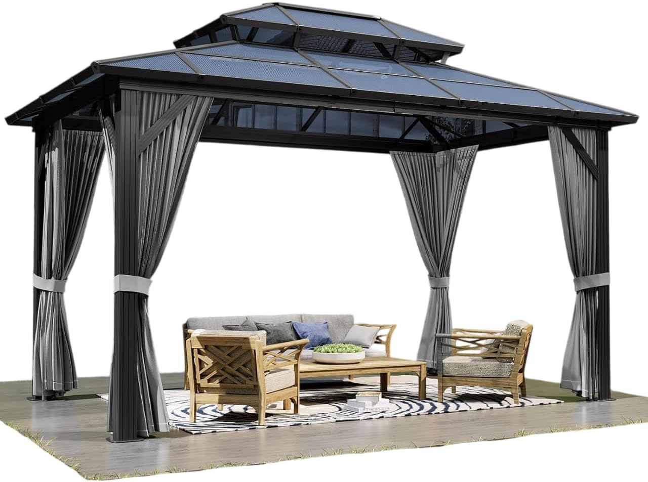 TROPOW 10×12 FT Hardtop Gazebo with Polycarbonate Double Roof, Gray Aluminum Frame Outdoor Patio Gazebo with 2 Track Curtains & Netting, Water-Drainage, UV Protection, Permanent Backyard Canopy
