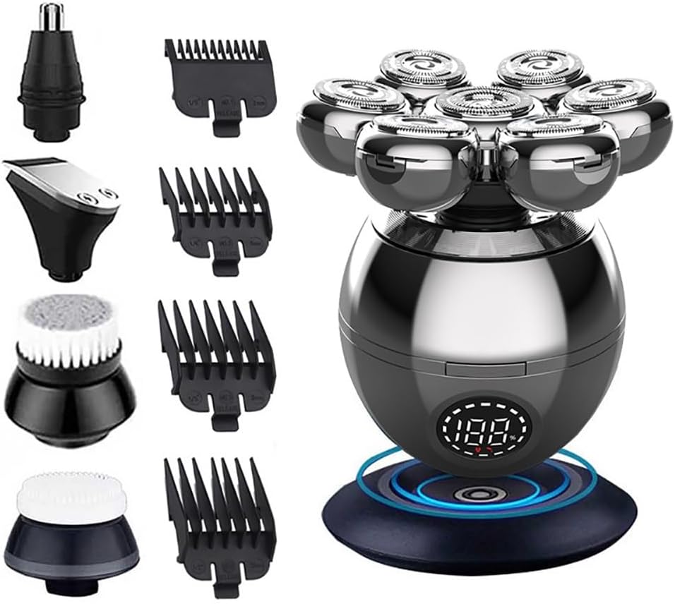 Head Shaver for Men, 5 in 1 7D Floating Cutter Head Base Charging Portable Electric Shaver Men Beard Trimmer Clipper Skull Shaver Waterproof Shaving Machine (Color : Metallic)