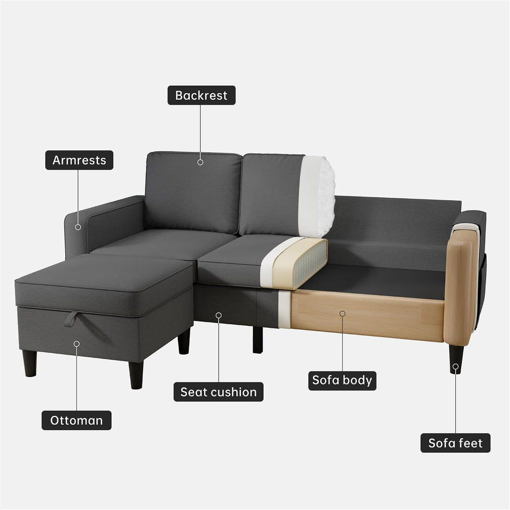 Youmumeub Sectional Couches for Living Room - Convertible Sofa and Storage Bench,79''Modern Corner Configuration,Suitable for Living Room, Apartment, Bedroom and Office-Gray | Reversible Chaise, Reversible Chaise