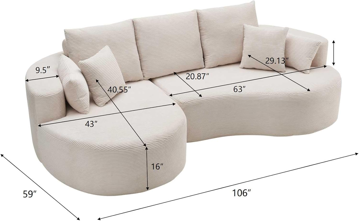 Christopher Knight Home Carden 106' Curved Modular Sectional Sofa, Comfy Sofa Couch with Chaise Lounge, Modern Cloud Couch with Deep Seat, Fabric Upholstered Set for Living Room Bedroom, Whitecap