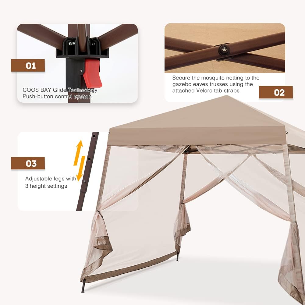COOS BAY 10x10 Pop Up Canopy Tent with Screen Netting, Slant Leg Canopy with UPF 50+ UV Protection, 64 Sq Ft Shade, One Person Setup with Carry Bag, Beige