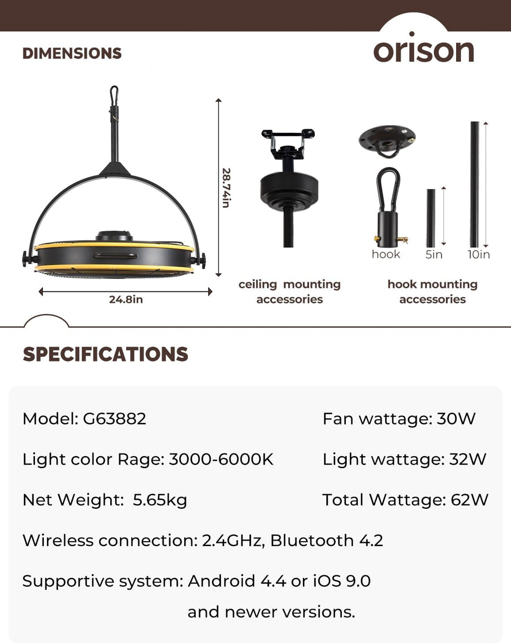 Orison 24.8'' Outdoor Ceiling Fan, 6 Speed Ceiling Mounted Plug-In Cord Garage Fan with Remote&APP, 360-degree Manual Vertical Rotation, Hook up, Gazebo, Patio, Pergola (5 blades- Yellow&Black)