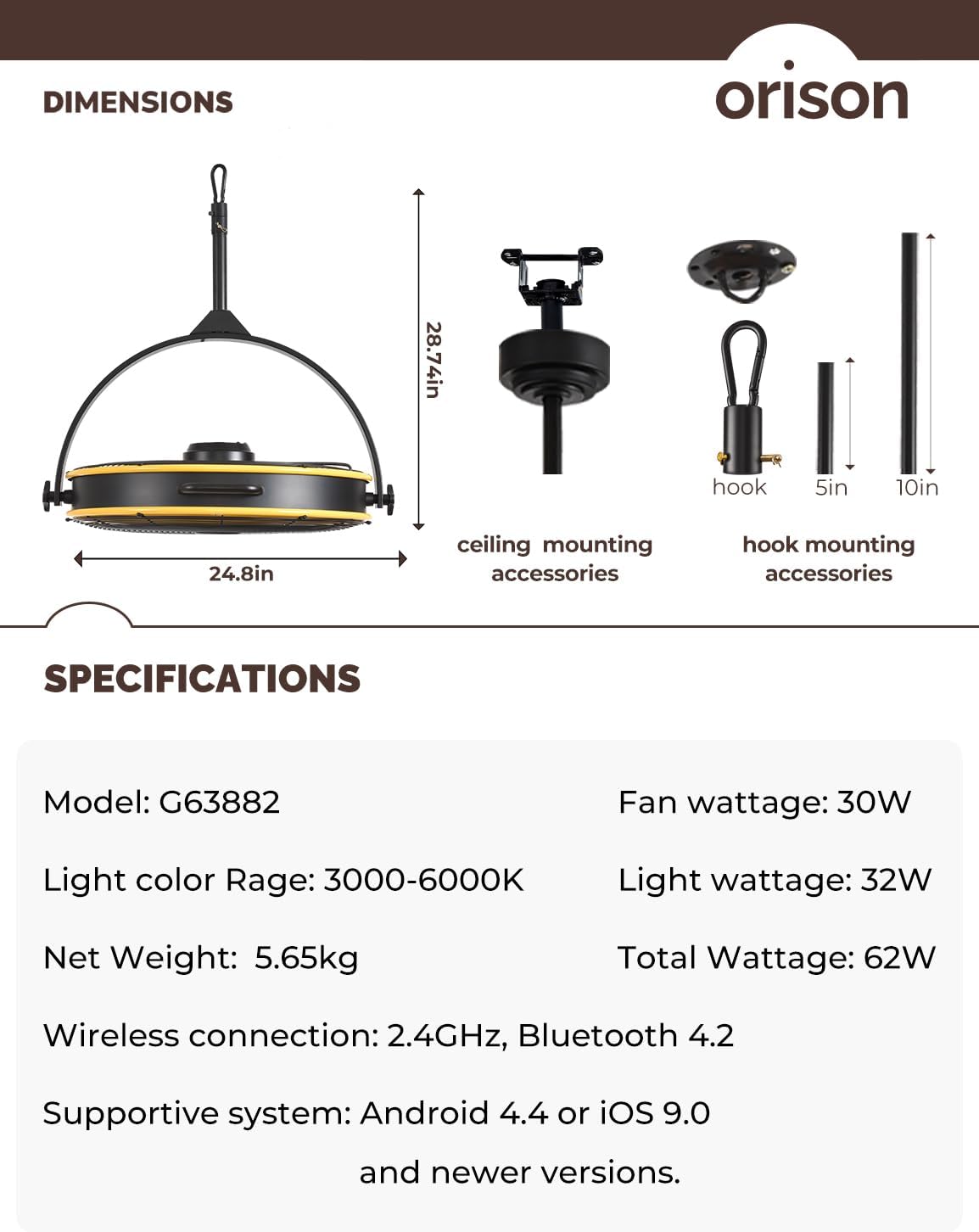 Orison 24.8'' Outdoor Ceiling Fan, 6 Speed Ceiling Mounted Plug-In Cord Garage Fan with Remote&APP, 360-degree Manual Vertical Rotation, Hook up, Gazebo, Patio, Pergola (5 blades- Yellow&Black)