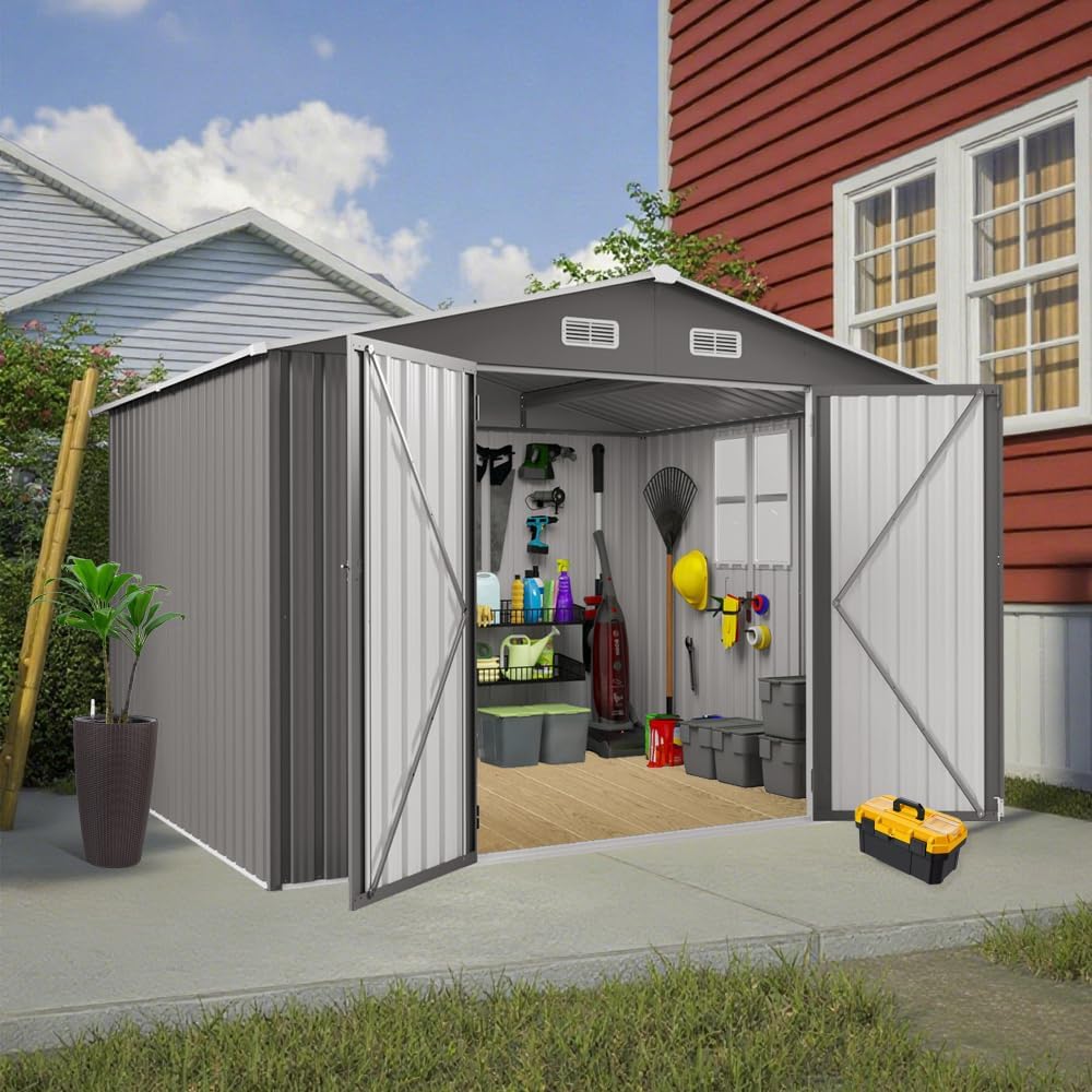 10 x 8 FT Outdoor Storage Shed with Lockable Doors, Metal Garden Tool Shed with Air Vent & Clear Window, Large Utility Storage for Lawn Equipment, Bicycles, Patio & Backyard - Gray