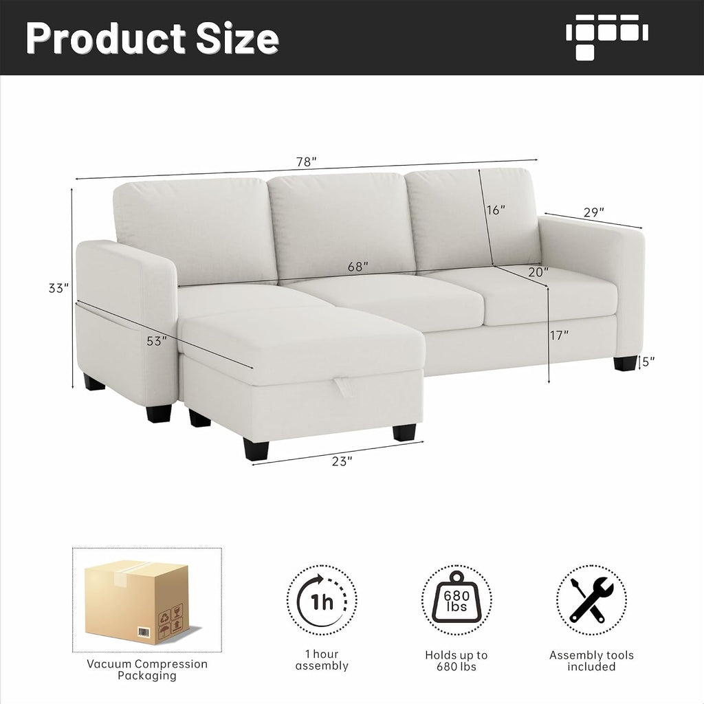 Youmumeub Sectional Couches for Living Room - Convertible Sofa and Storage Bench,79''Modern Corner Configuration,Suitable for Living Room, Apartment, Bedroom and Office-Beige