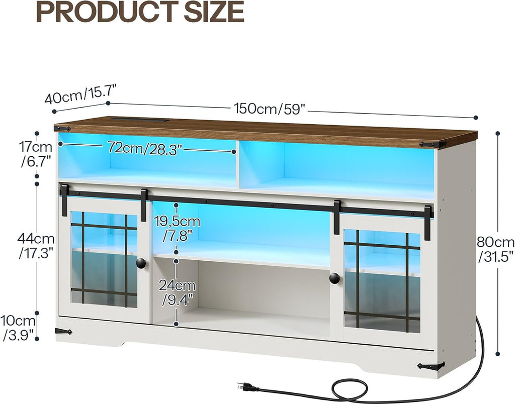 HOOBRO TV Stand for 65 Inch TV, Farmhouse Entertainment Center with LED Lights and Charging Station, Media Console TV Cabinet with Adjustable Shelves and Glass Doors for Living Room, White and Walnut