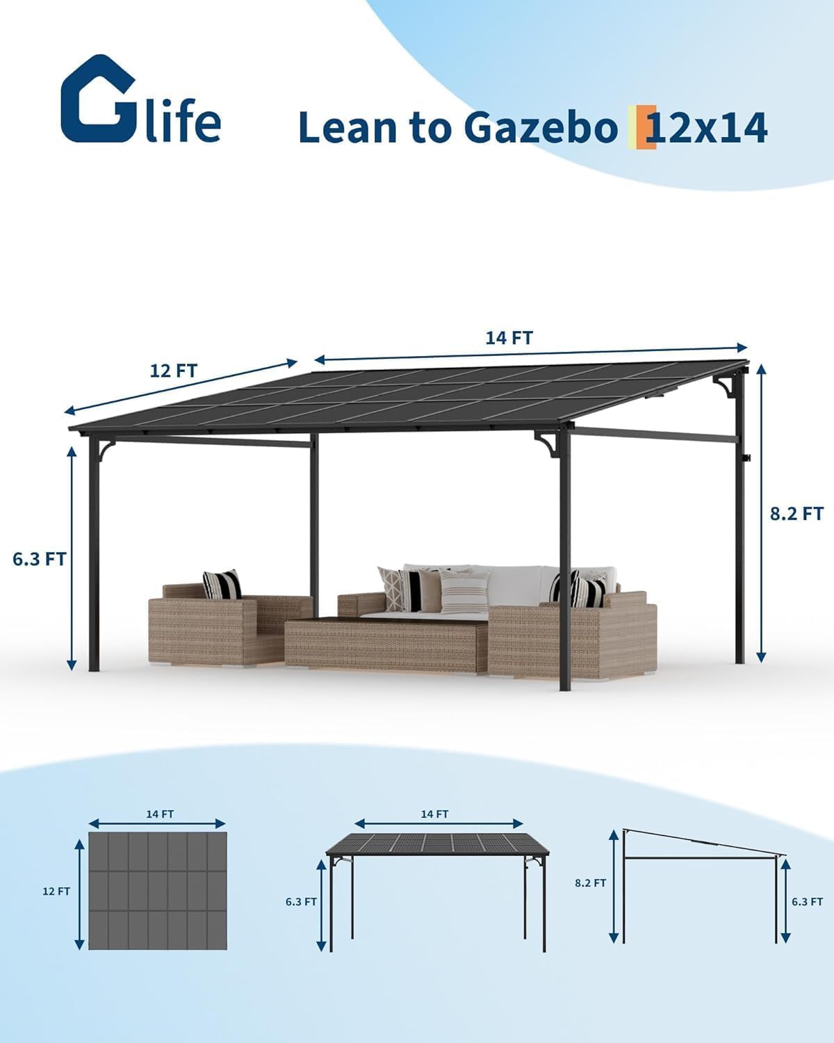 12x14 FT Gazebo for Patio, Wall Mounted Lean to Hardtop Gazebo Pergola with 6Mm Sloped Roof Heavy Duty Awnings for Porch, Decks, Backyard to Shade & Rain